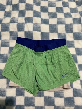 Nike Women's Green Athletic Shorts with Blue Waistband